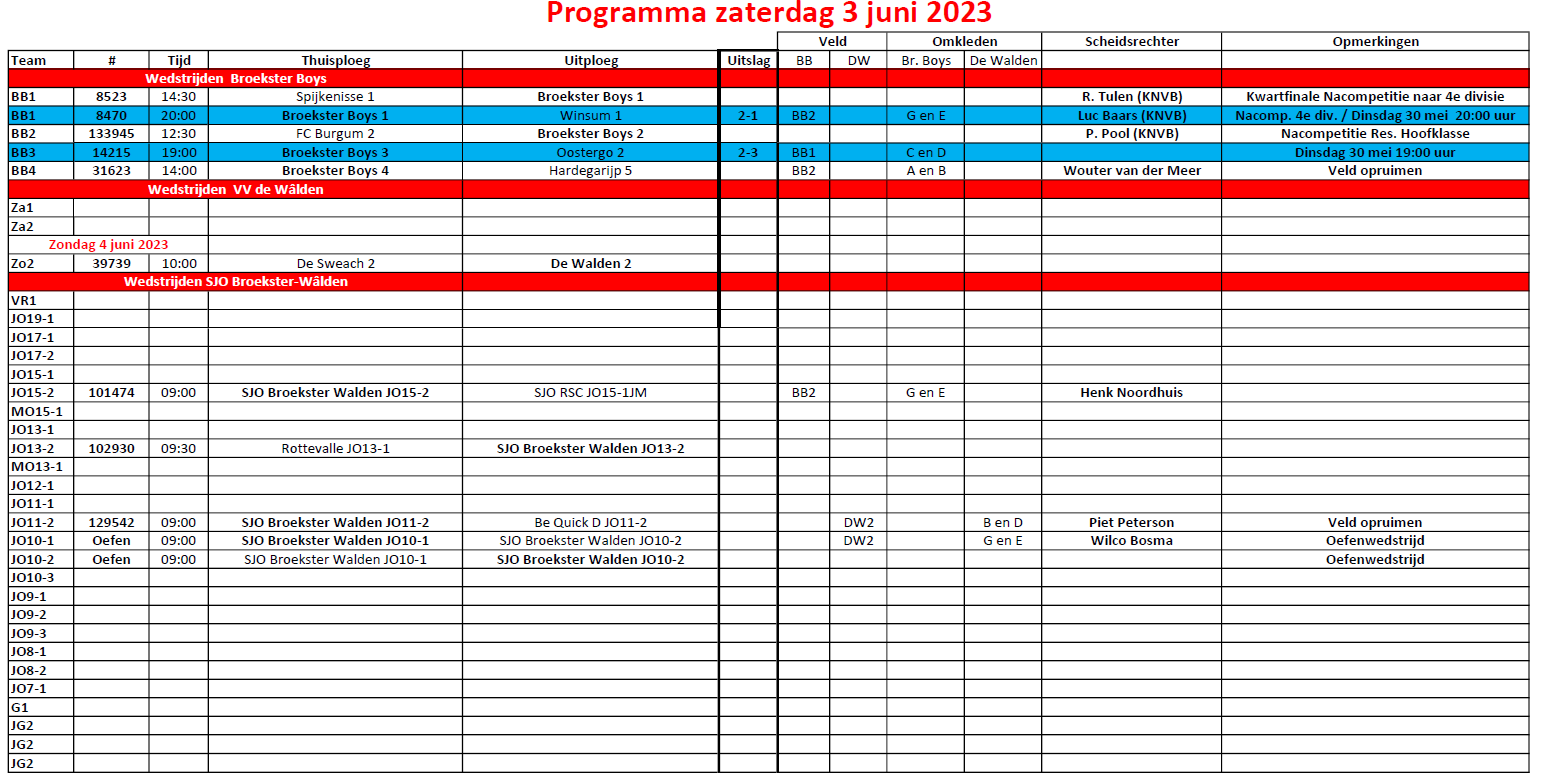 Wedstrijdprogramma zaterdag 3 juni 2023