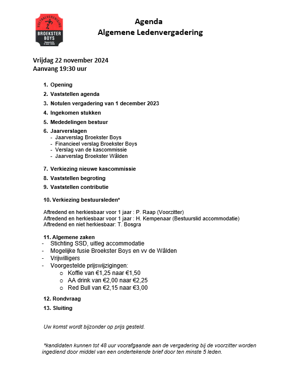 Agenda algemene ledenvergadering - 22 november 2024