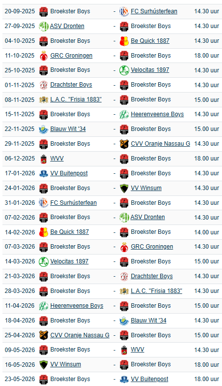 Competitieprogramma Broekster Boys 2025 - 2026